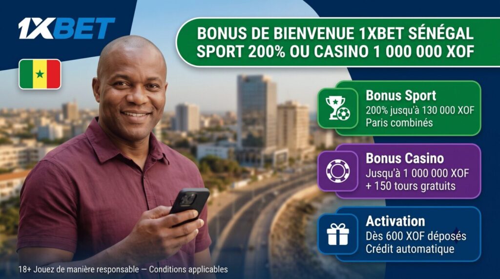 Bonus de bienvenue 1xBet Sénégal : 200% sport ou 1 000 000 XOF casino avec 150 tours gratuits
