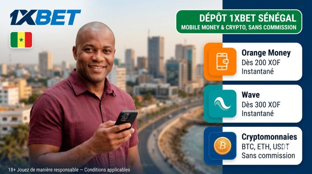 Dépôt 1xBet Sénégal par Orange Money, Wave et cryptomonnaies sans commission