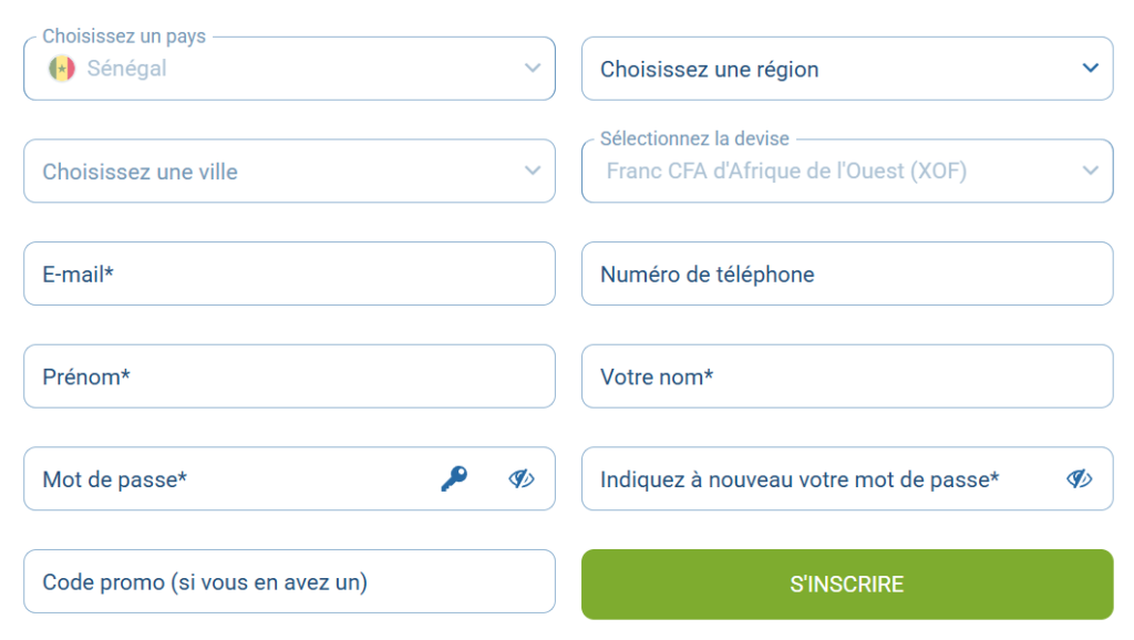 Formulaire inscription 1xBet par e-mail Sénégal
